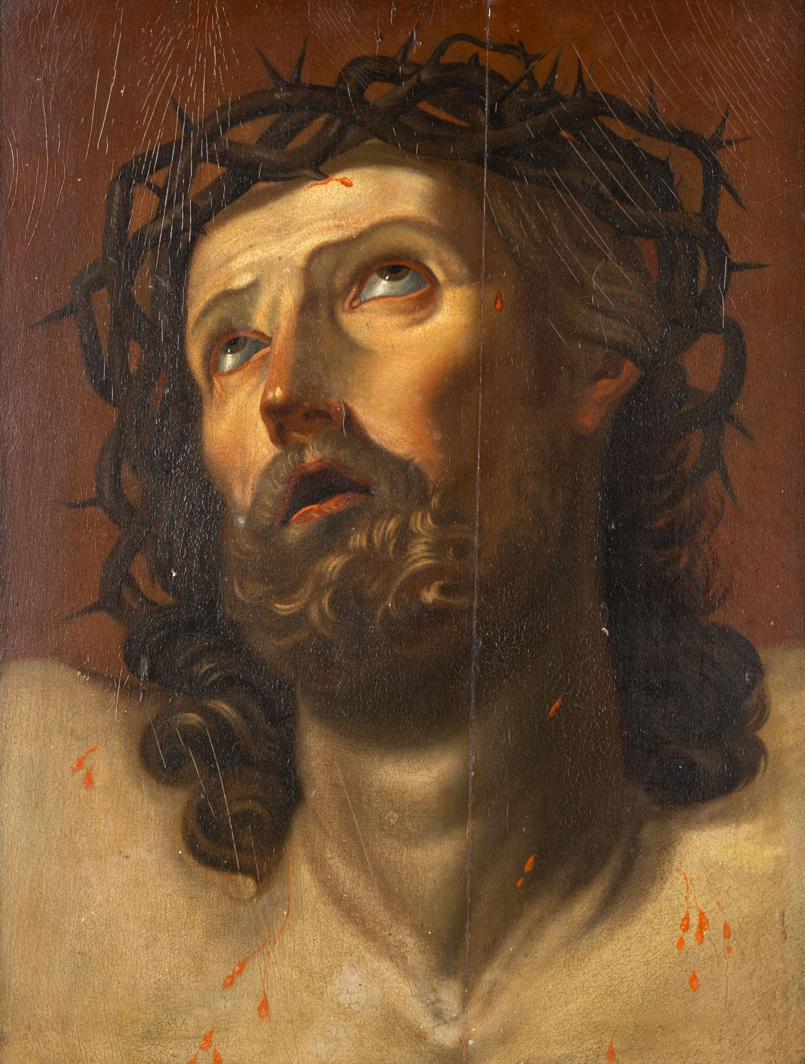 Lijdende Christus aan het kruis, een antiek schilderij, olie op paneel. 18de/19de eeuw. (L:35 x H:45.5 cm)
